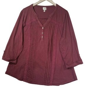 Dressbarn Womens 2X Burgundy Crochet Lace Pintuck Henley Tunic 3/4 Sleeve Top